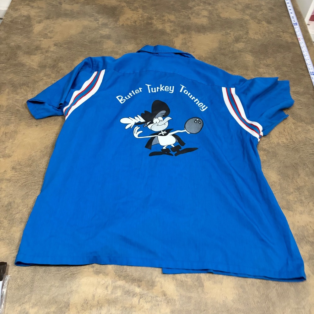 Hilton Bowling Shirt Mens XL Blue Butler Turkey Tourney Graphic Retro Vintage